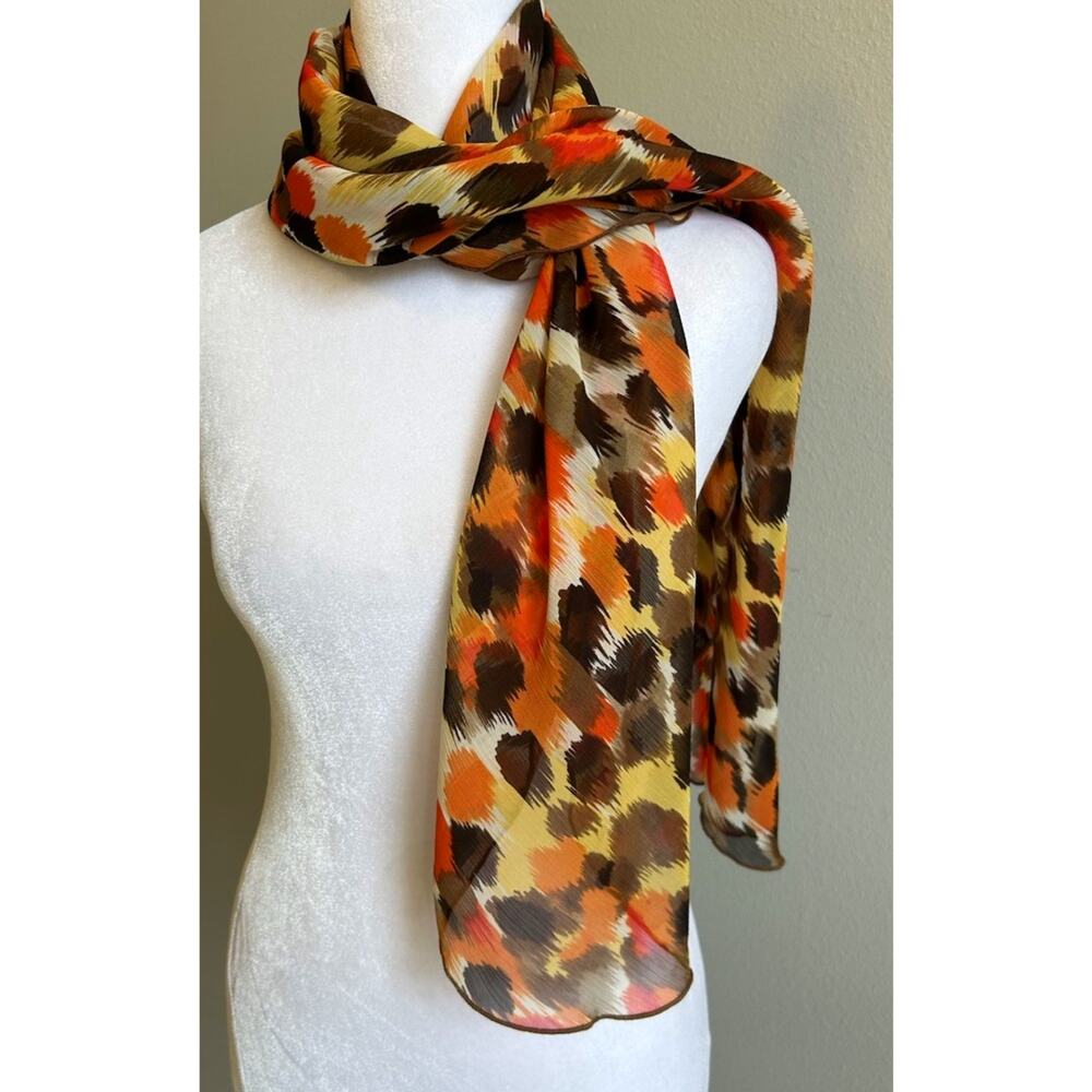 Chicos Scarf Orange Brown Earth Tones Gypsy Abstract Art Boho Sheer Fall 74x18